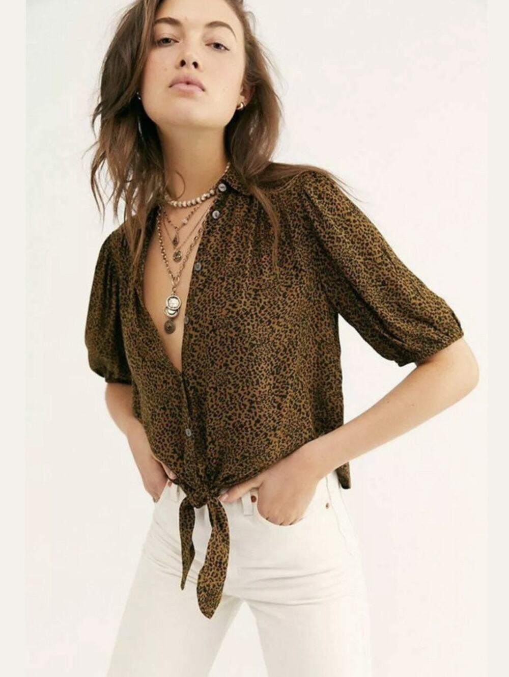 Free People Flowing Celia Leopard Animal Print Button Down Tie Front Blouse